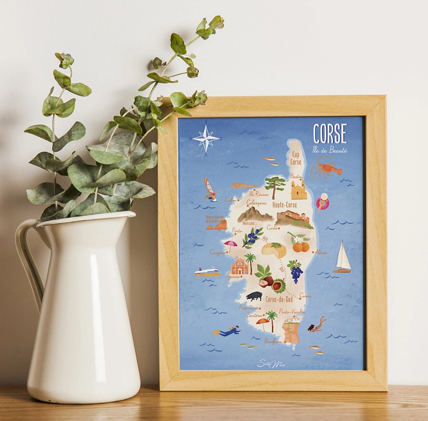 Carte illustrée de la Corse encadrée, île de beauté