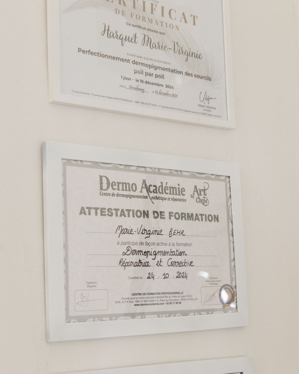 Certificats de formation en dermopigmentation de Marie, fondatrice de Hylé